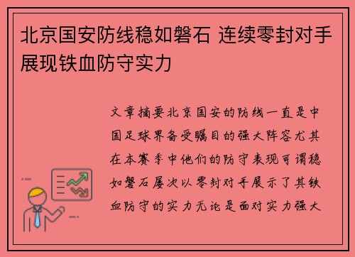 北京国安防线稳如磐石 连续零封对手展现铁血防守实力