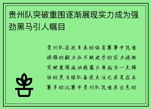 贵州队突破重围逐渐展现实力成为强劲黑马引人瞩目
