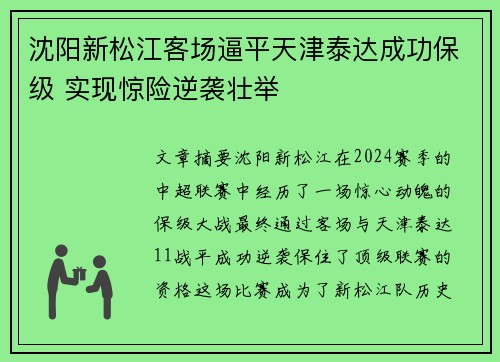 沈阳新松江客场逼平天津泰达成功保级 实现惊险逆袭壮举