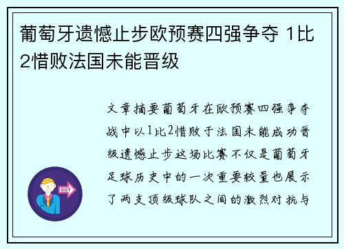 葡萄牙遗憾止步欧预赛四强争夺 1比2惜败法国未能晋级