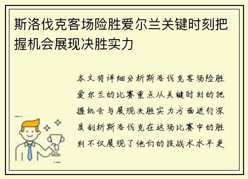 斯洛伐克客场险胜爱尔兰关键时刻把握机会展现决胜实力